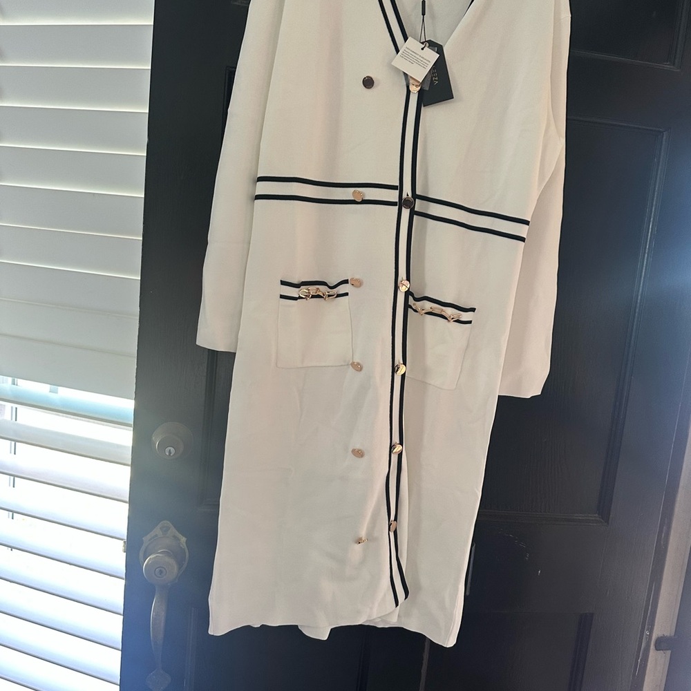 Aleeza Paris White Cardigan Dress with Black Trim Midi Length - Picture 9 of 9